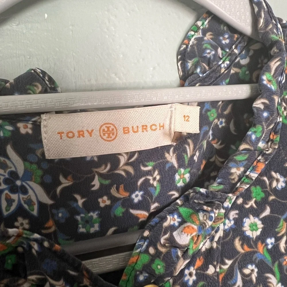 Tory Burch blue floral print silk blouse whimsical fairy dainty short sleeve